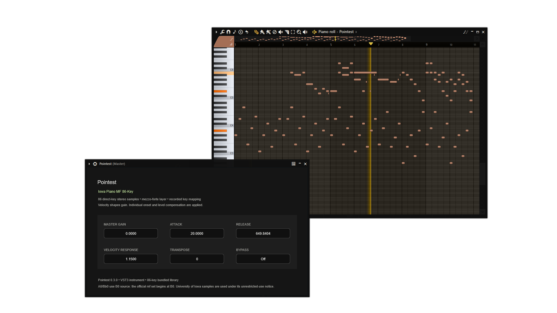 FL Studio piano roll에서 Pointest 피아노 VST3를 사용해 MIDI 시퀀스를 재생하는 화면
